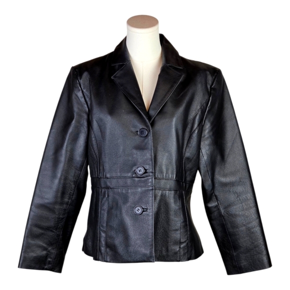 Vintage KC Collections Black Genuine Leather Blazer Jacket Women’s L Y2K 90s - Picture 1 of 11